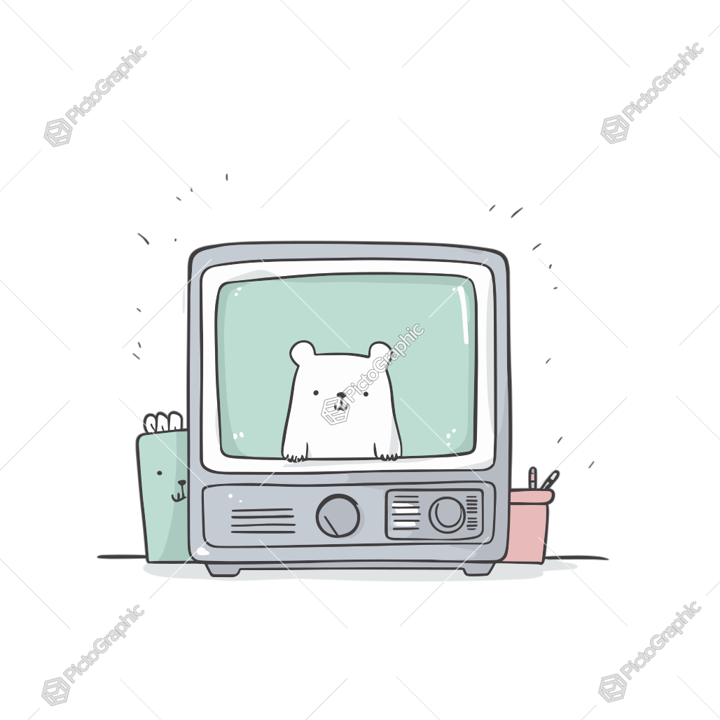 A cute, stylized bear is shown on an old-fashioned television, accompanied by a small blue character and a pink holder with writing tools.