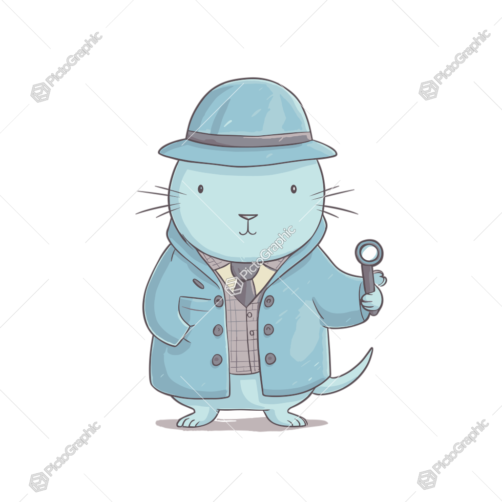 A cartoon of a detective-dressed anthropomorphic animal holding a magnifying glass.