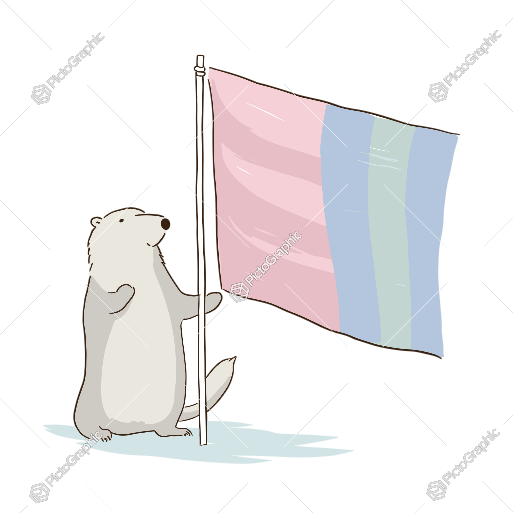 The image shows a polar bear standing on its hind legs, holding a transgender flag in its paws. The flag is brightly colored with a variety of hues, including red, blue, yellow, and green. The polar bear has a determined expression on its face, as if it is ready to take on any challenge.