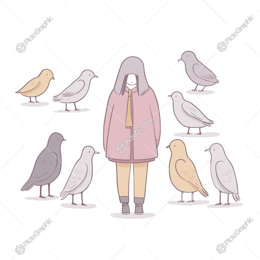 A person in an oversized coat surrounded by stylized birds.