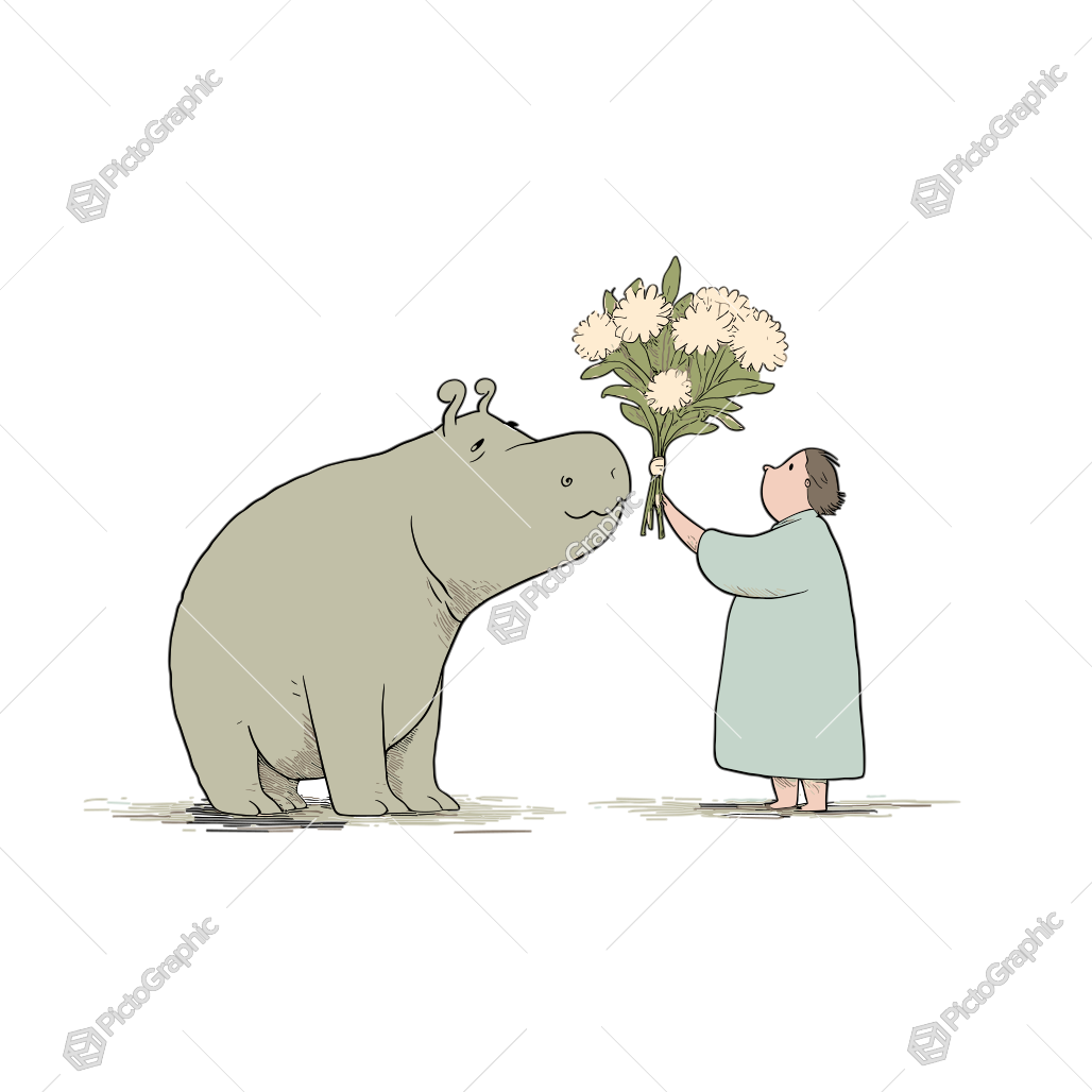 A person offering flowers to a friendly-looking hippopotamus.