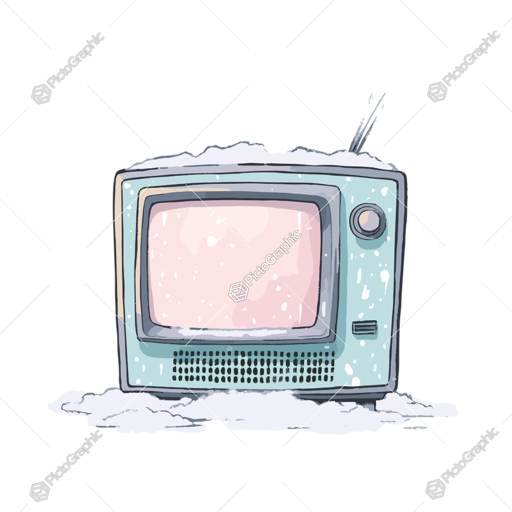 Illustration of a vintage turquoise television with snow on it and a static screen.