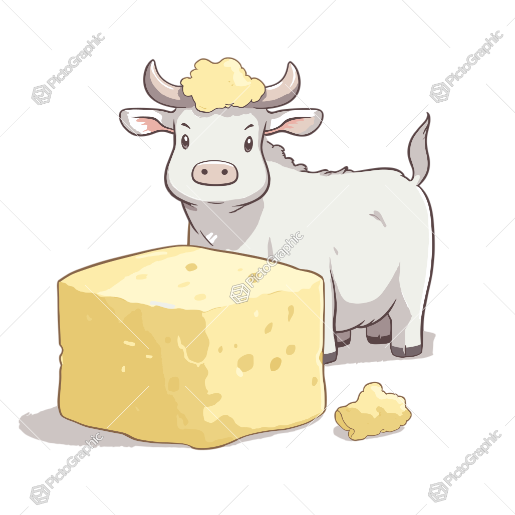 A cartoon cow with a piece of cheese on its head standing beside a large cheese wheel.