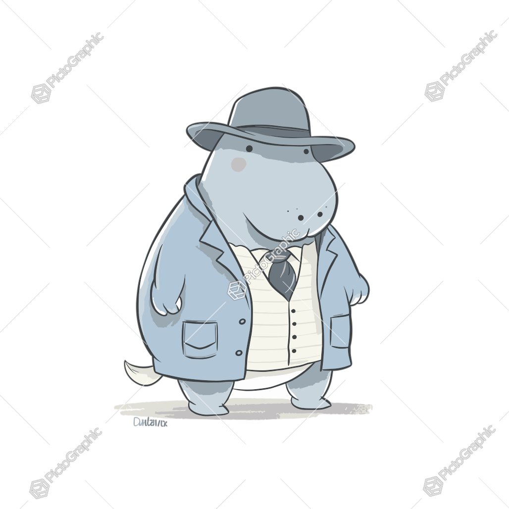 Illustration of an anthropomorphized hippopotamus dressed as a detective.