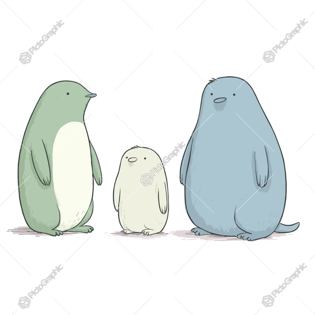 Three colorful, cartoonish penguin-like creatures standing side by side.