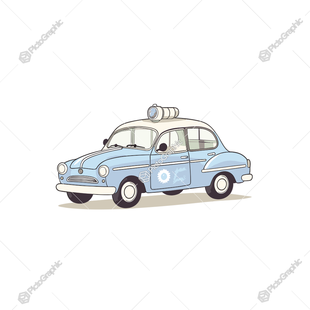 A vintage-style illustrated police car with a retro-futuristic theme