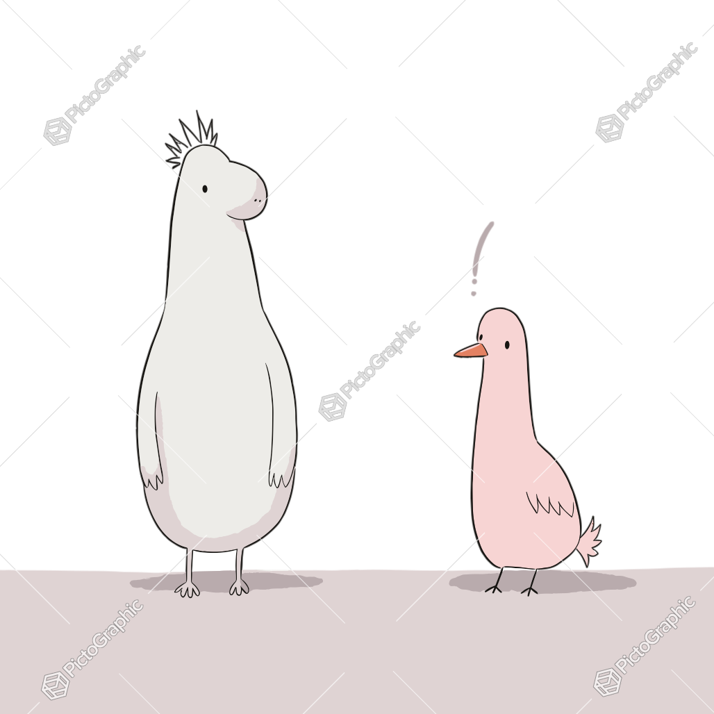 Two whimsical cartoon characters, a large white creature and a small pink bird, appear to interact with each other against a simple background.