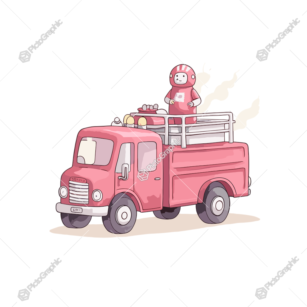 A cartoon pig firefighter on a red fire truck.
