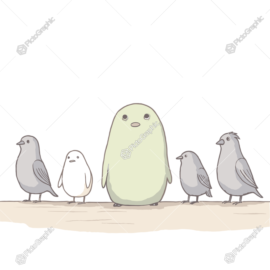 A row of cartoon birds with the central, larger one looking distinctively simple and green.