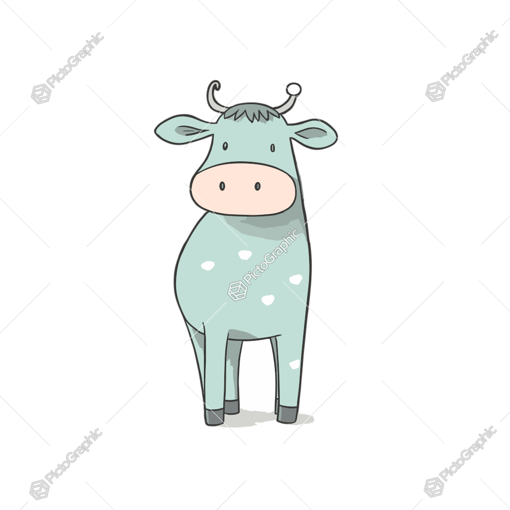 A cartoon illustration of a teal cow with spots.