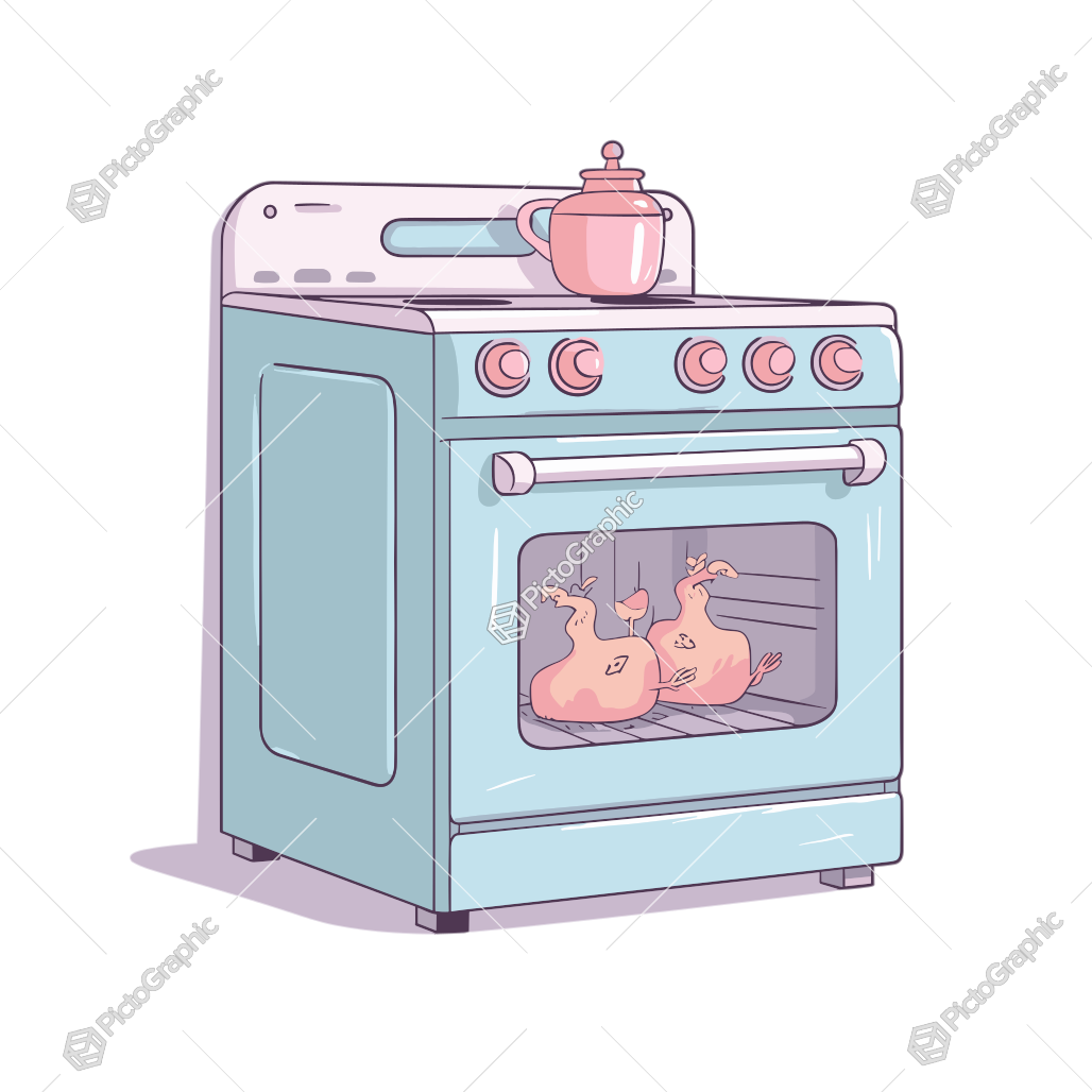 A whimsical, animated portrayal of two surprised chickens inside an oven, with a teapot on the stove.