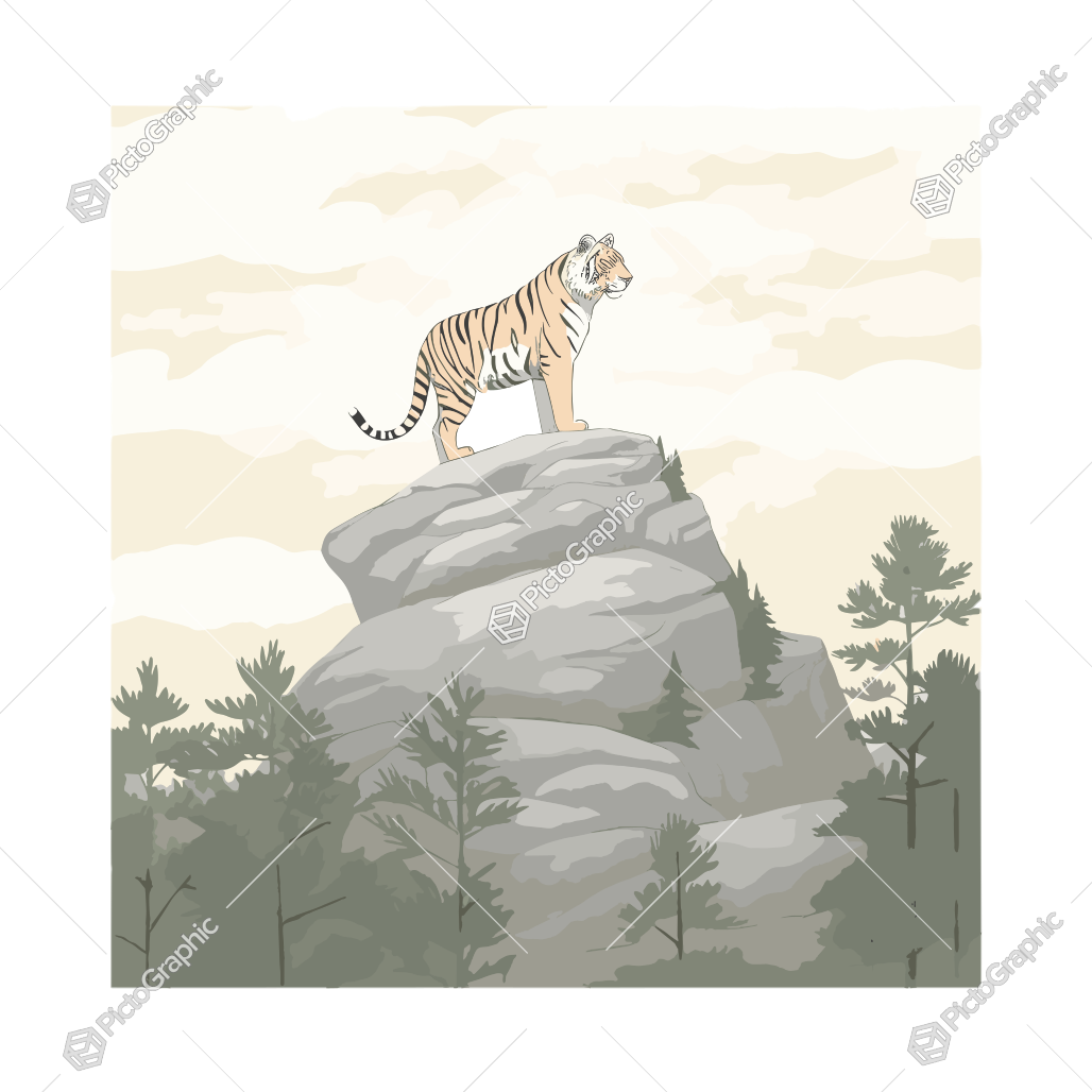 A tiger on a rock overlooking a forest.