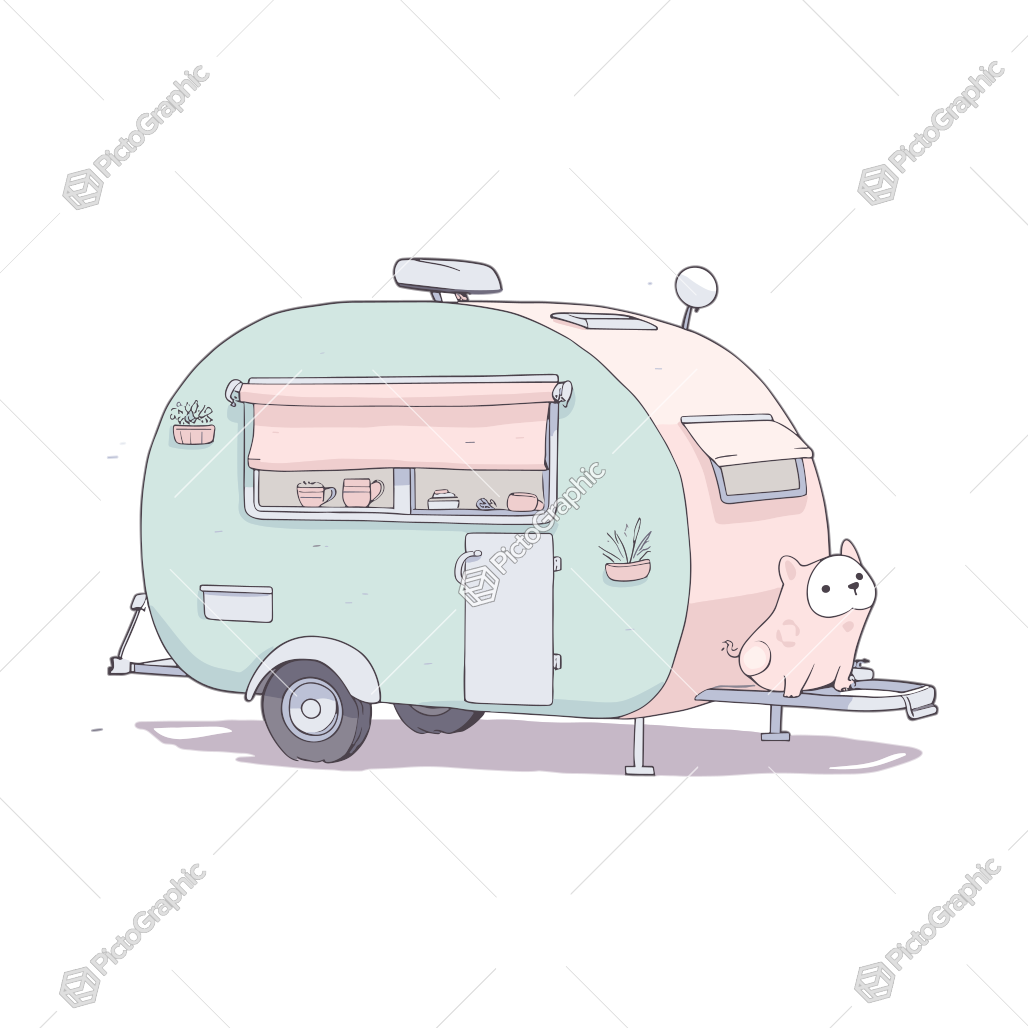 A cute caravan and a small creature sitting outside of it.