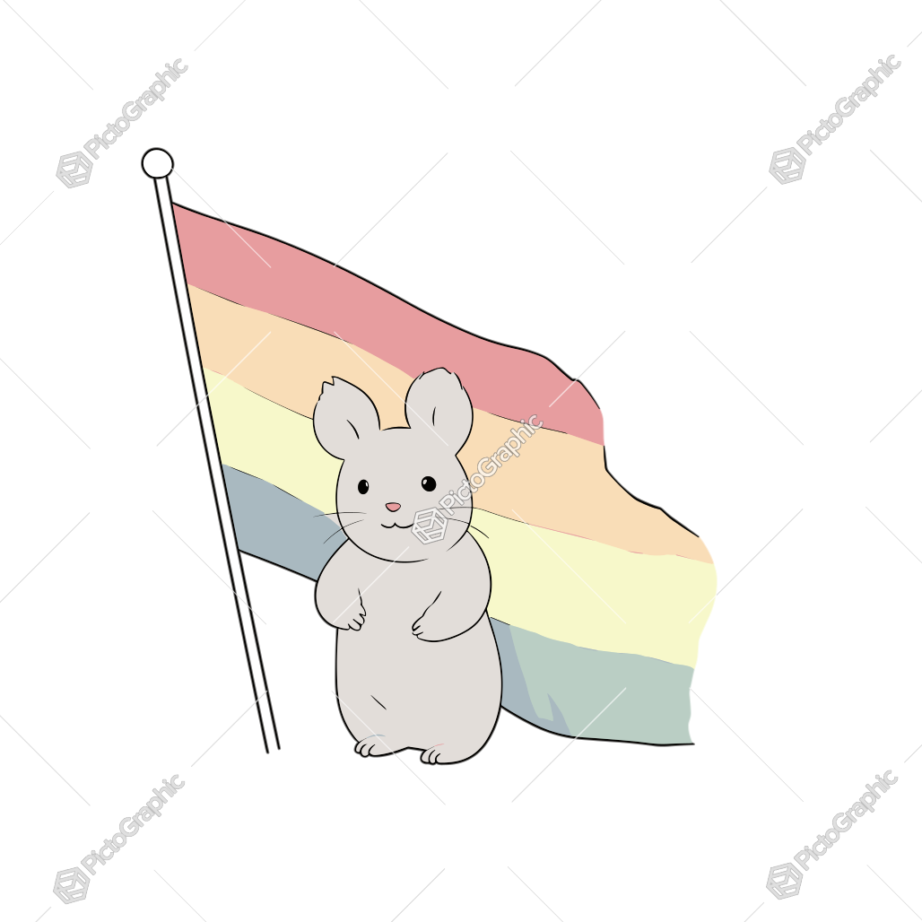 A cartoon hamster stands in front of a flagpole with a Pride-like flag.