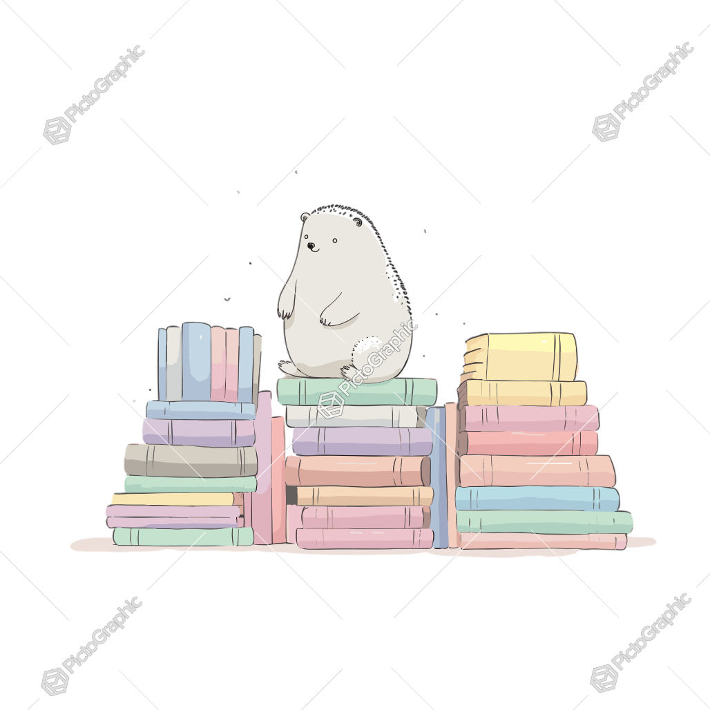 A cute illustrated hedgehog sitting on stacks of colorful pastel books.