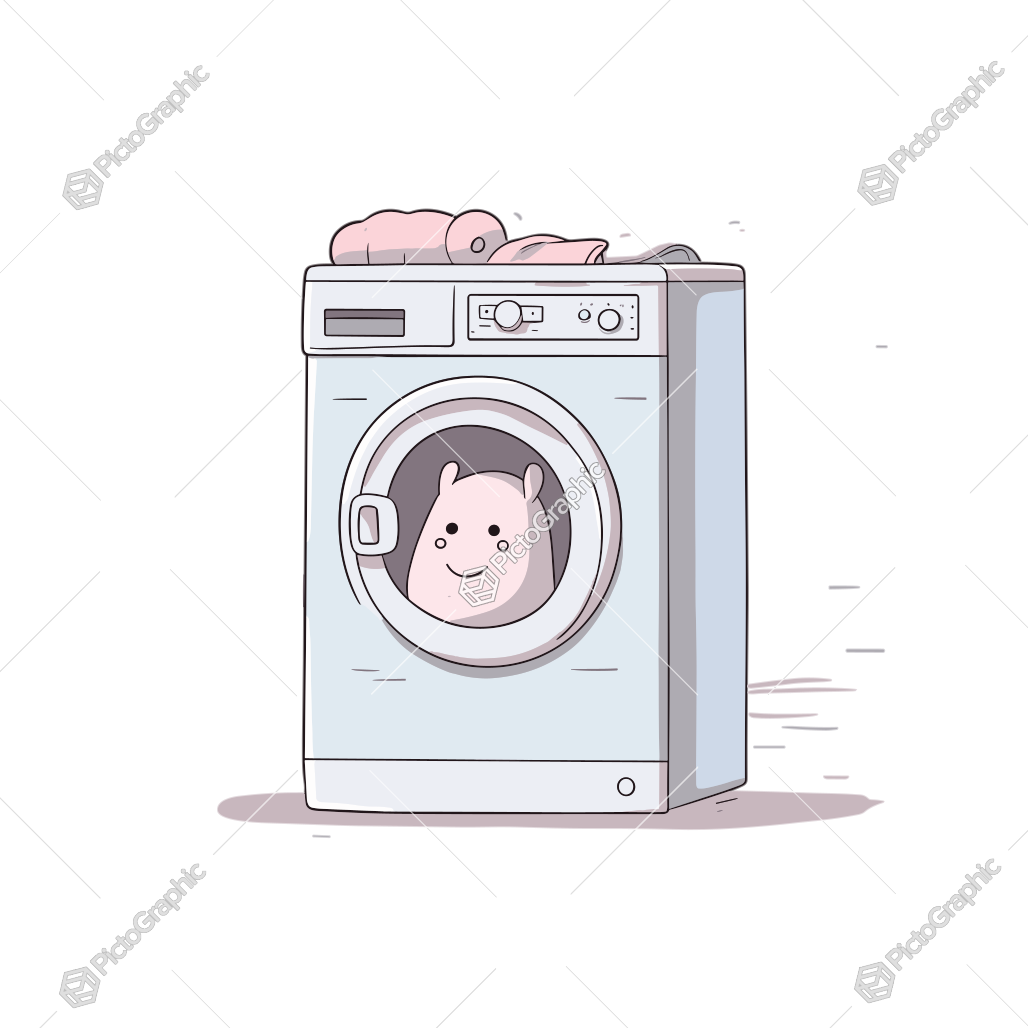 A cartoon pig appears to be in a washing machine with a pile of laundry on top of it.