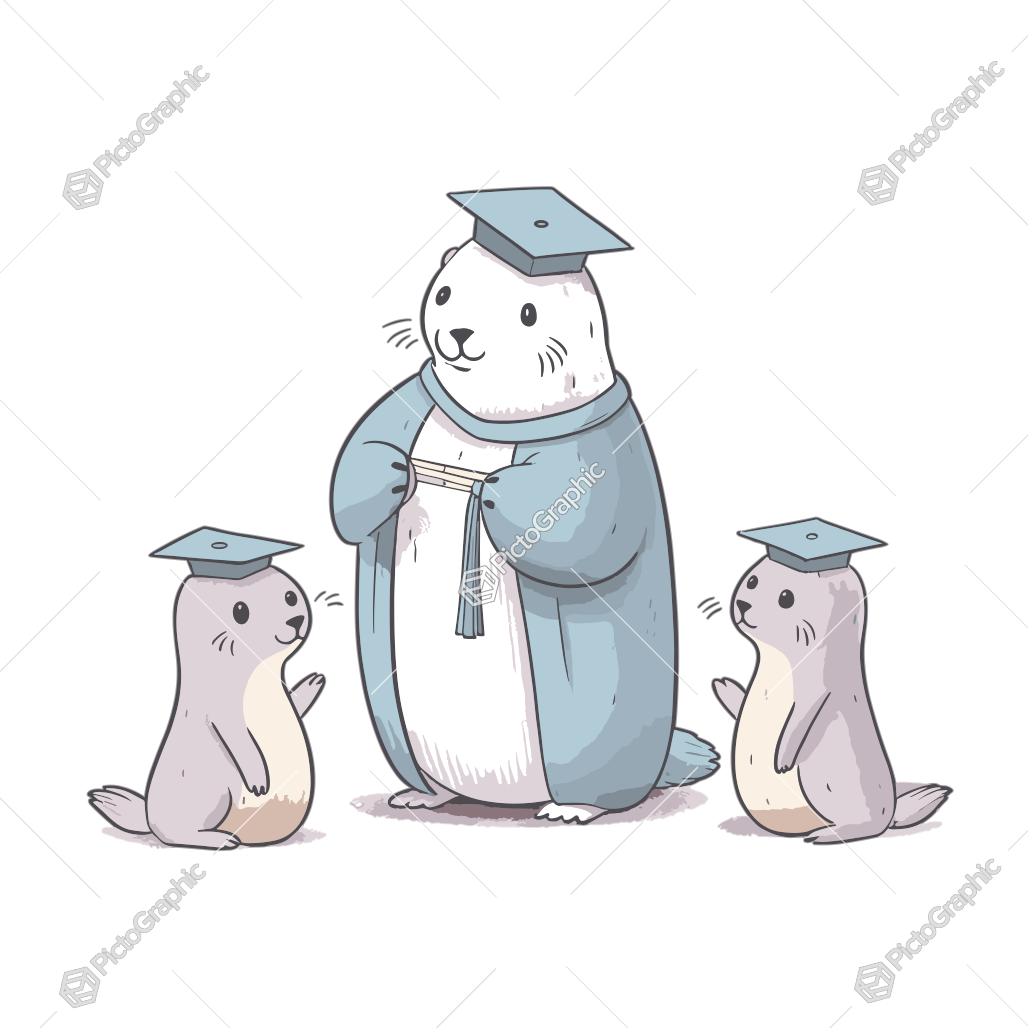 A group of cartoon seals in graduation attire celebrating an academic achievement.