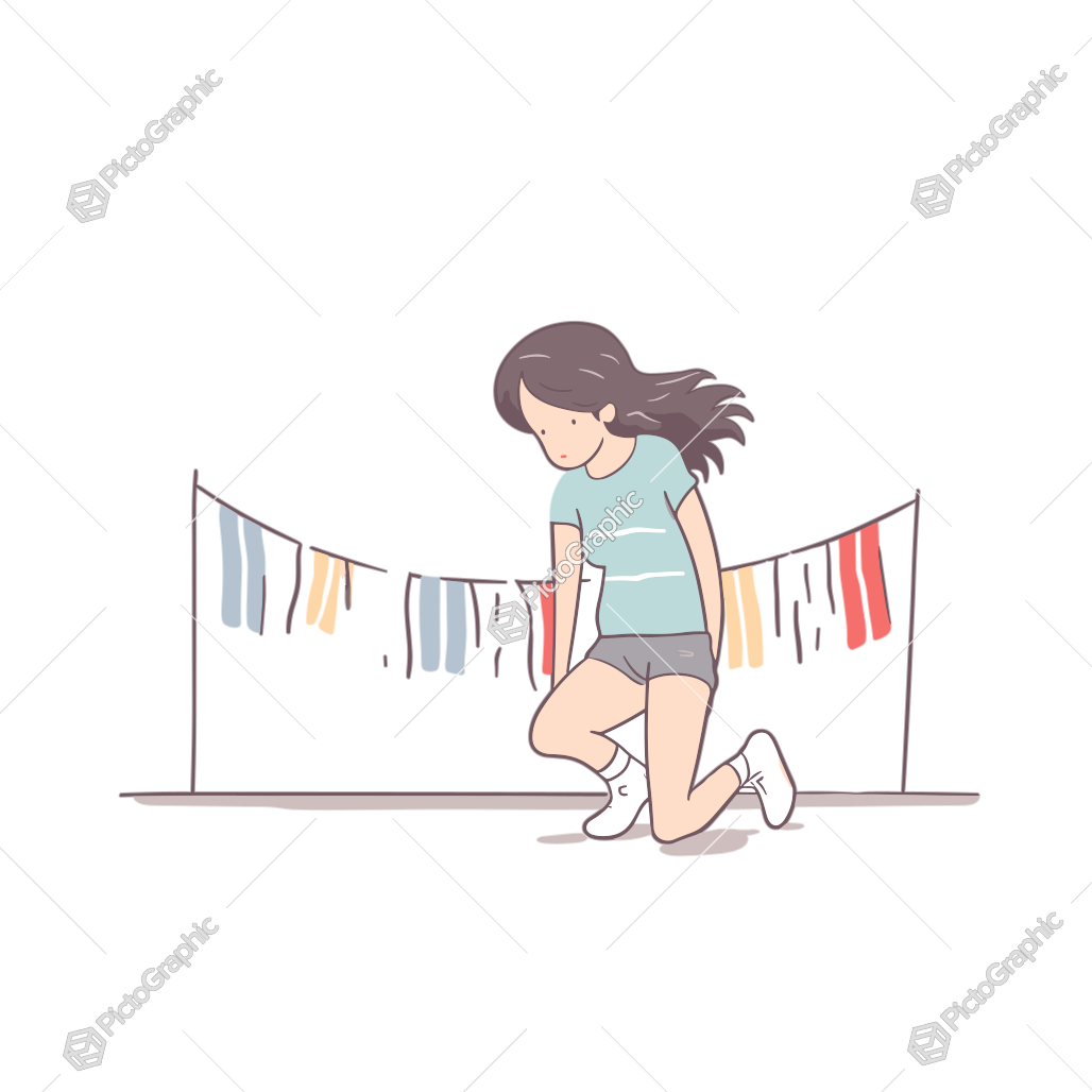 A young woman is squatting near a clothesline with colorful laundry.