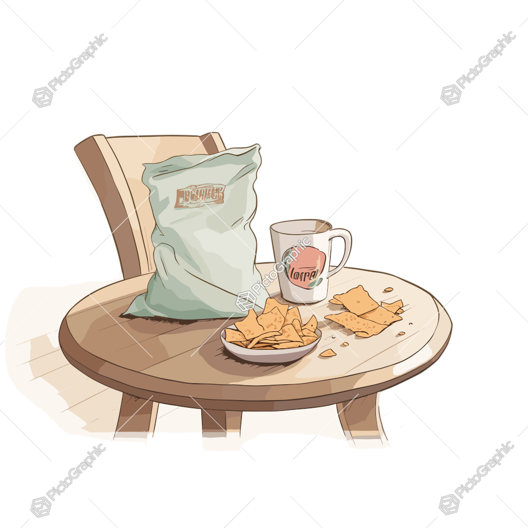 A table with a bag of snacks, a mug, and some chips.