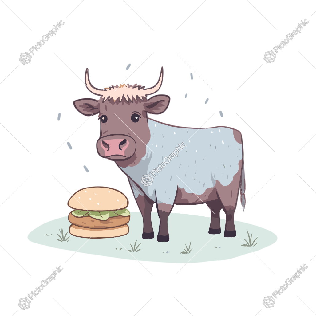 A cartoon cow standing next to a burger on grass.
