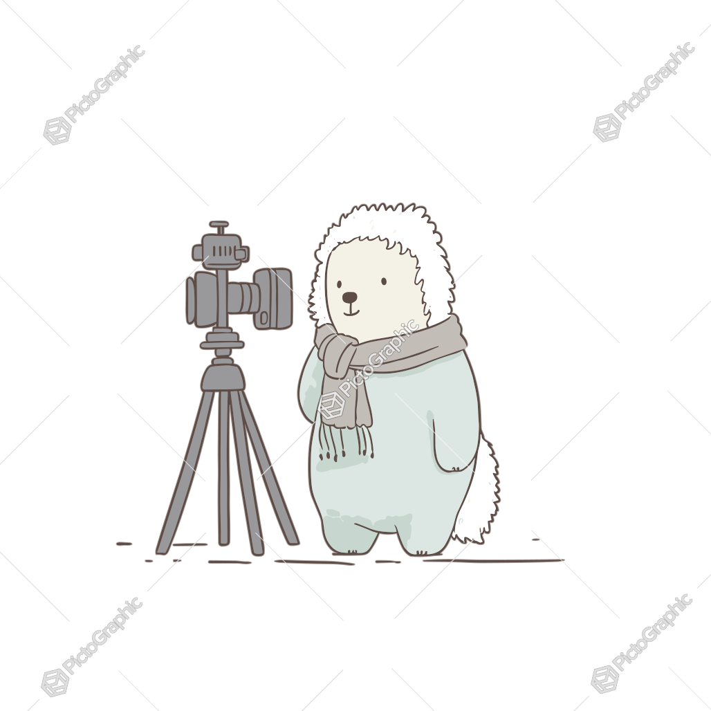 An anthropomorphic hedgehog interacting with a camera on a tripod.