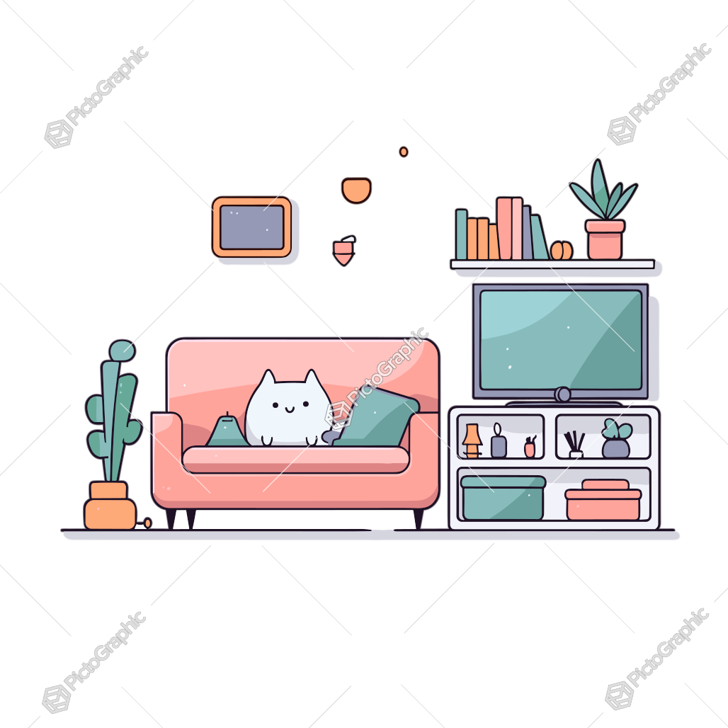 A stylized illustration of a cozy living room with a happy cat on a sofa, a TV, and some plants.