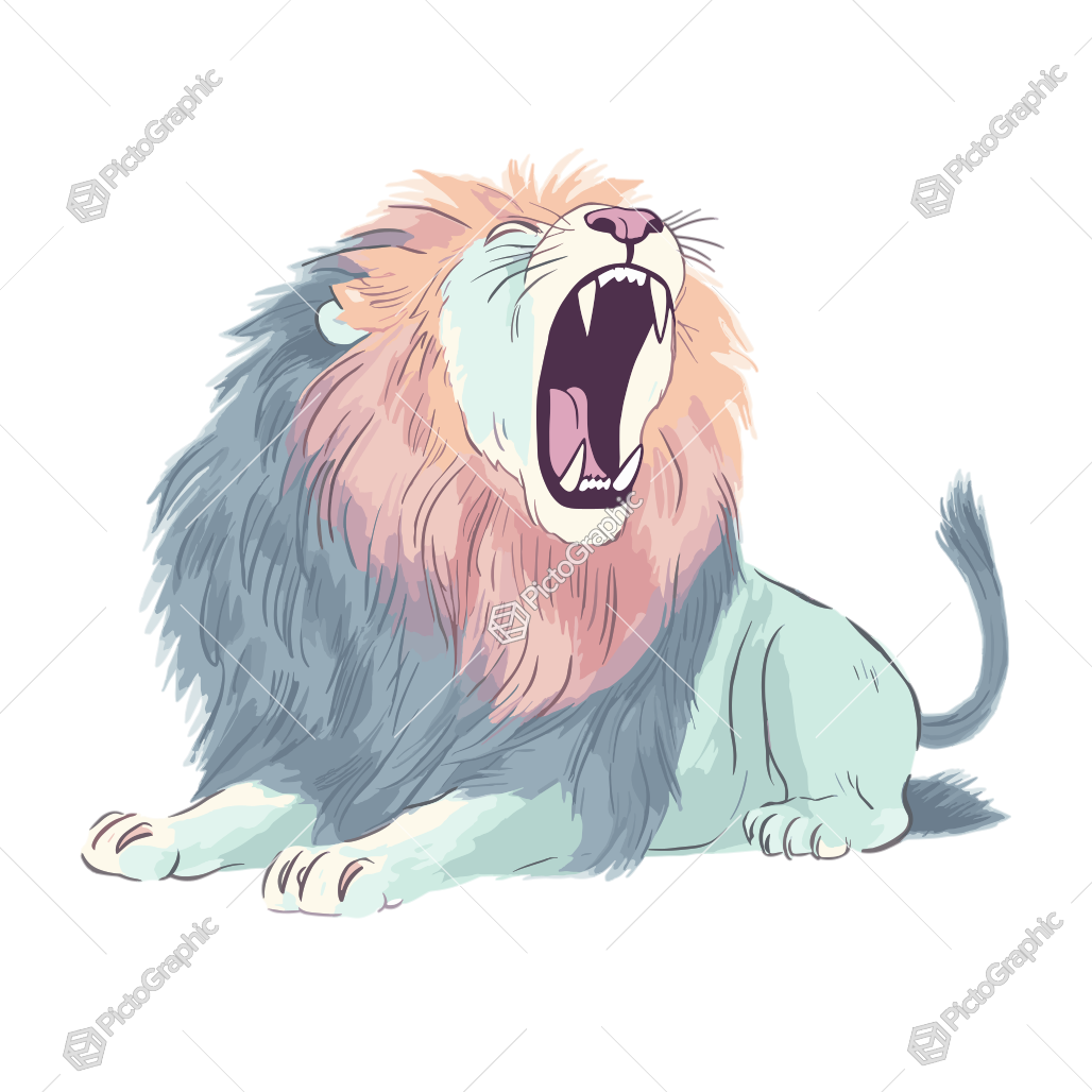 Illustrated pastel-colored lion roaring.