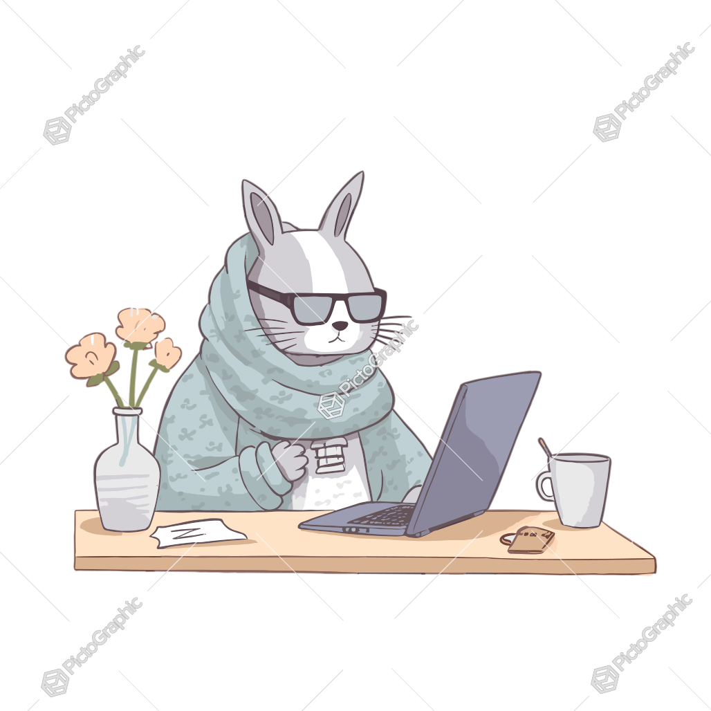 A rabbit using a laptop at a desk.