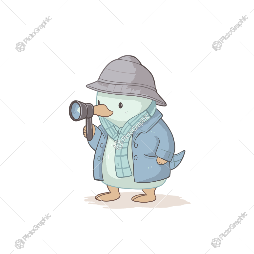 A cartoon penguin dressed in human clothes, looking like a photographer or detective, is holding a camera.