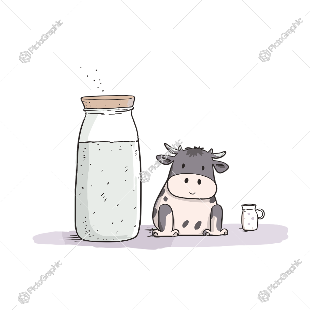 A cartoon cow next to an oversized bottle of milk with a tiny milk jug nearby.