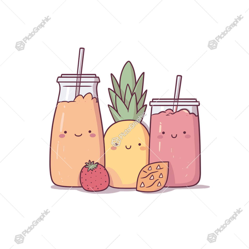 A cartoon illustration of two smiling beverage containers and a friendly pineapple character with a strawberry and pineapple slice in front.