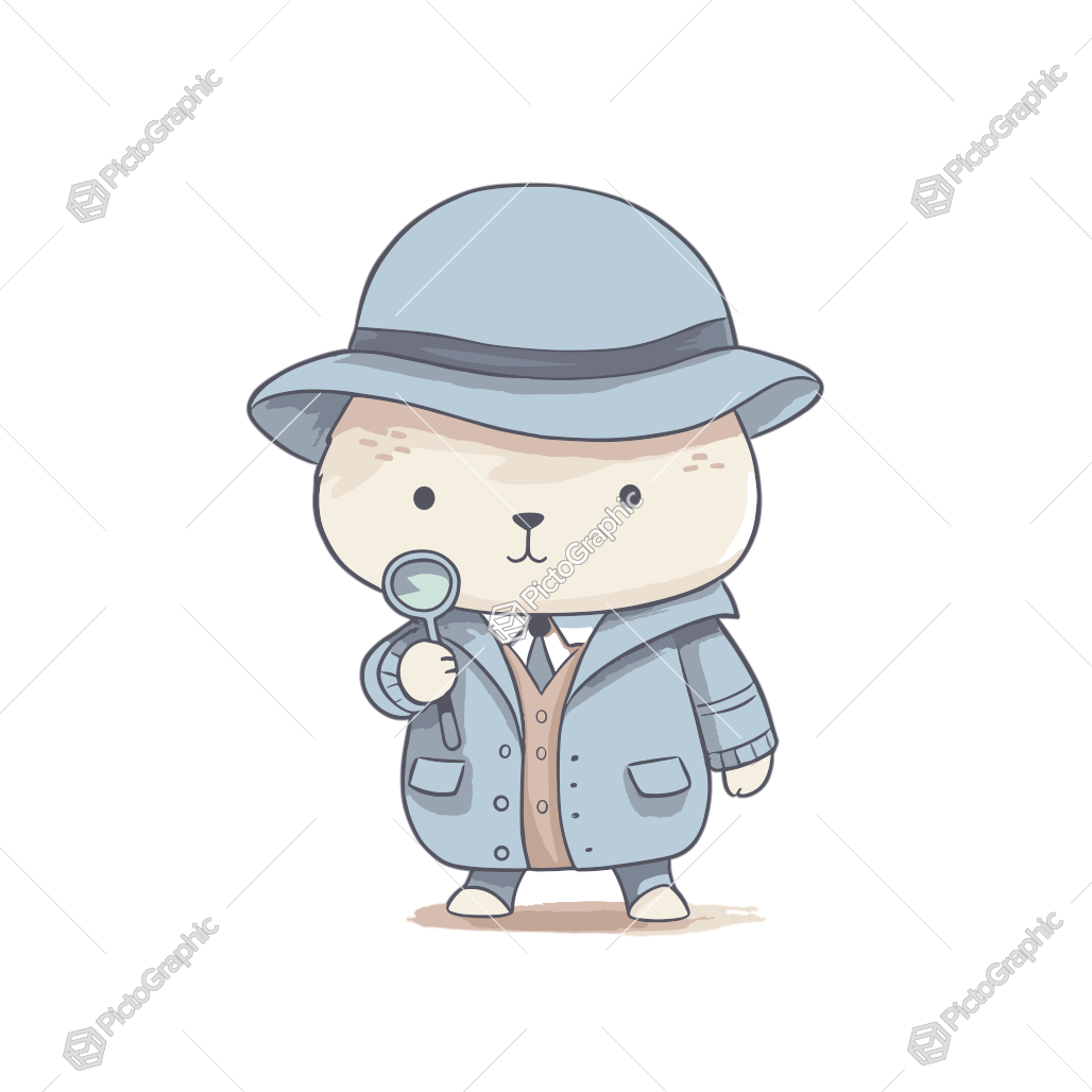 A cartoon bear dressed as a detective, holding a magnifying glass.