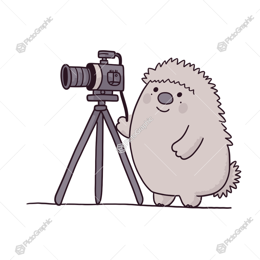 A cartoon hedgehog standing next to a camera on a tripod.