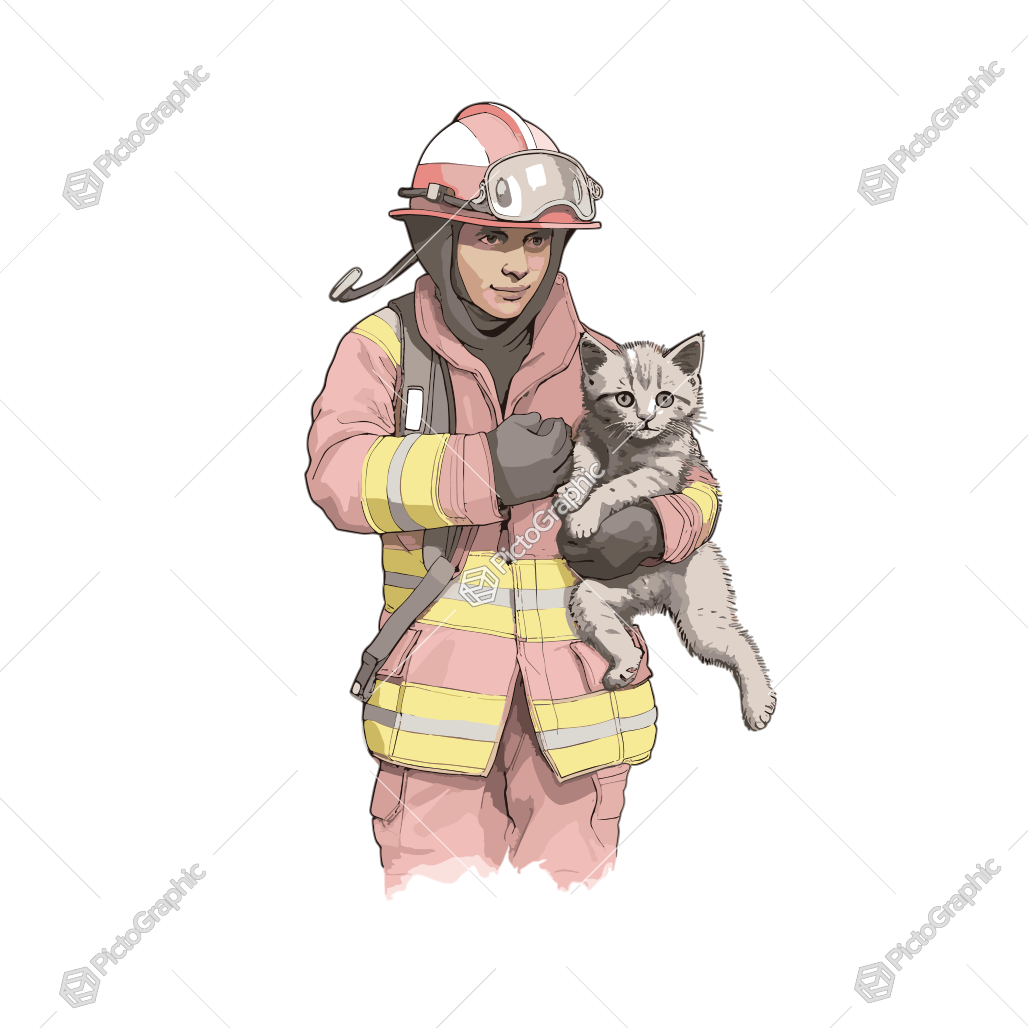 A firefighter holding a kitten.