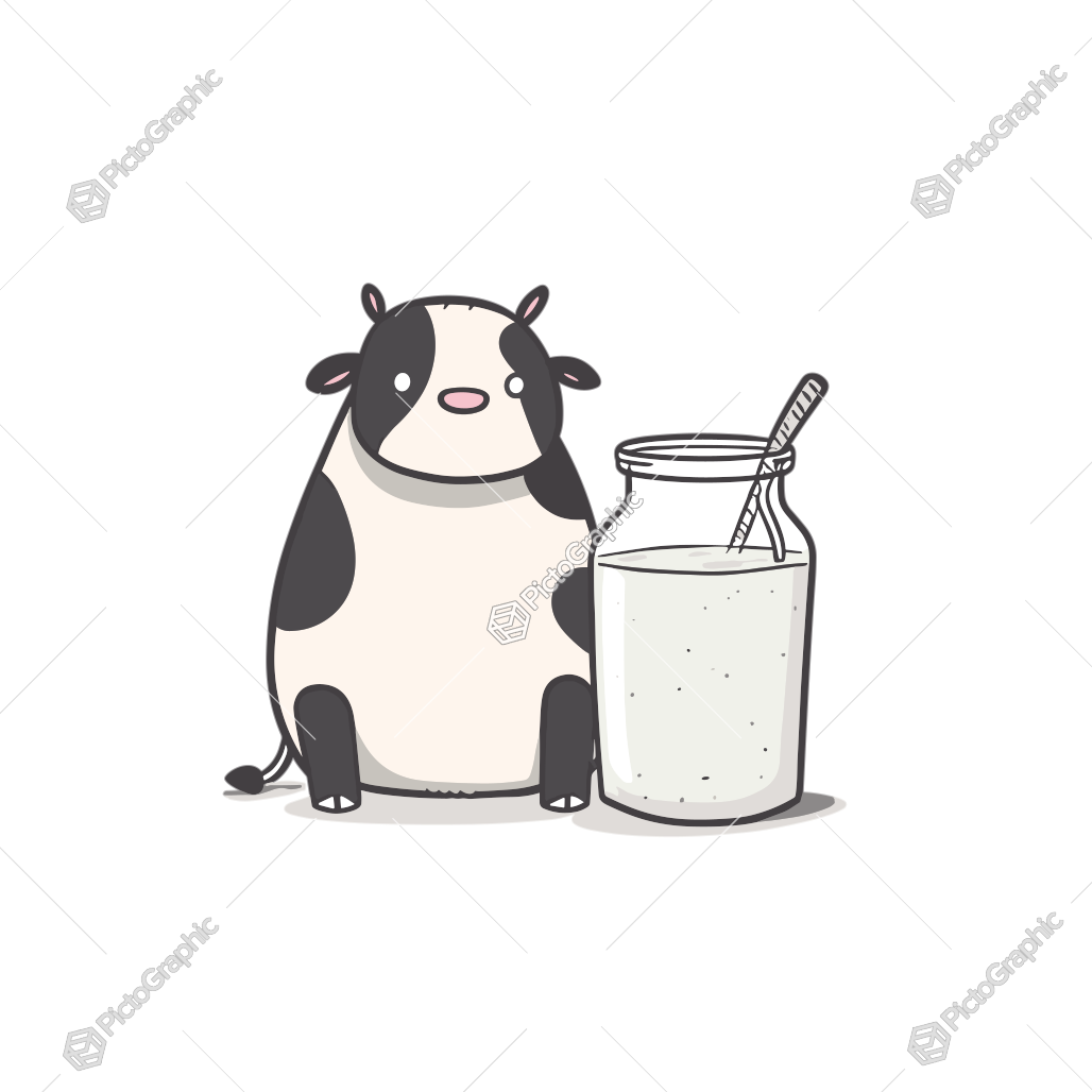 A cartoon cow and a jar of milk.