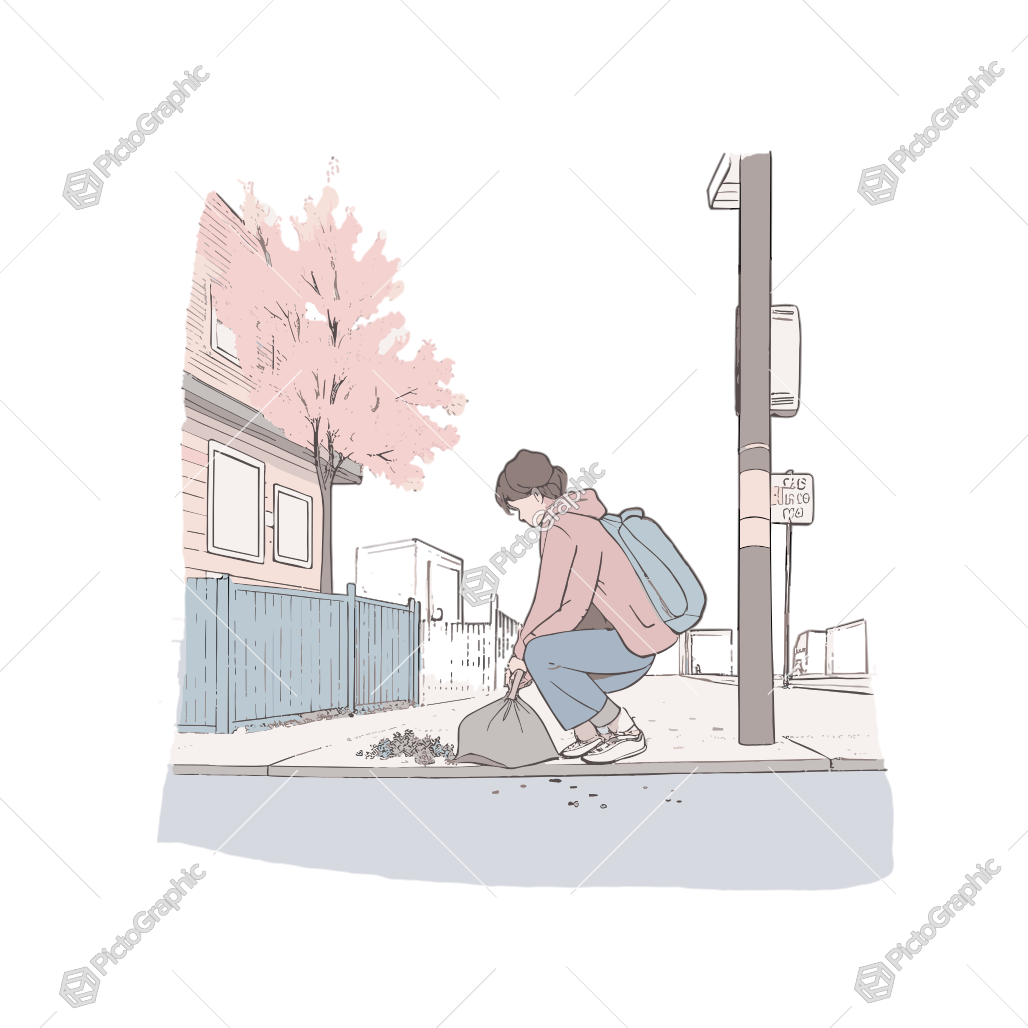 A person is crouching on a street corner by a streetlight pole, looking at something on the ground near some urban greenery, with houses and a flowering tree in the background.