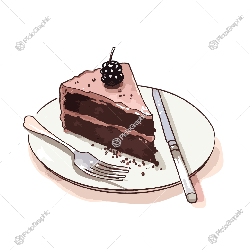 A watercolor illustration of a slice of chocolate cake on a plate with utensils.