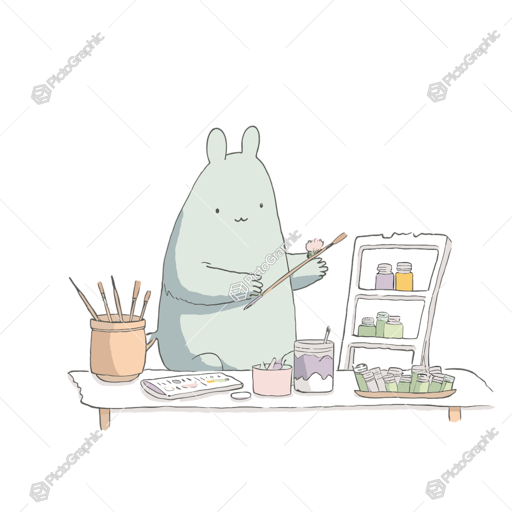 An illustrated creature is engaged in painting, surrounded by art supplies.