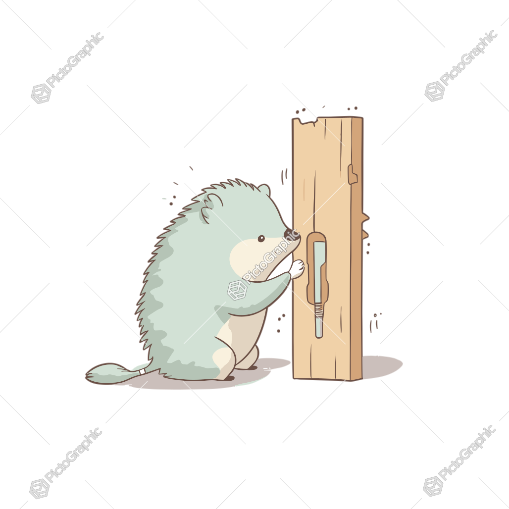 A cartoon hedgehog is attempting to push a switch on a wooden plank.