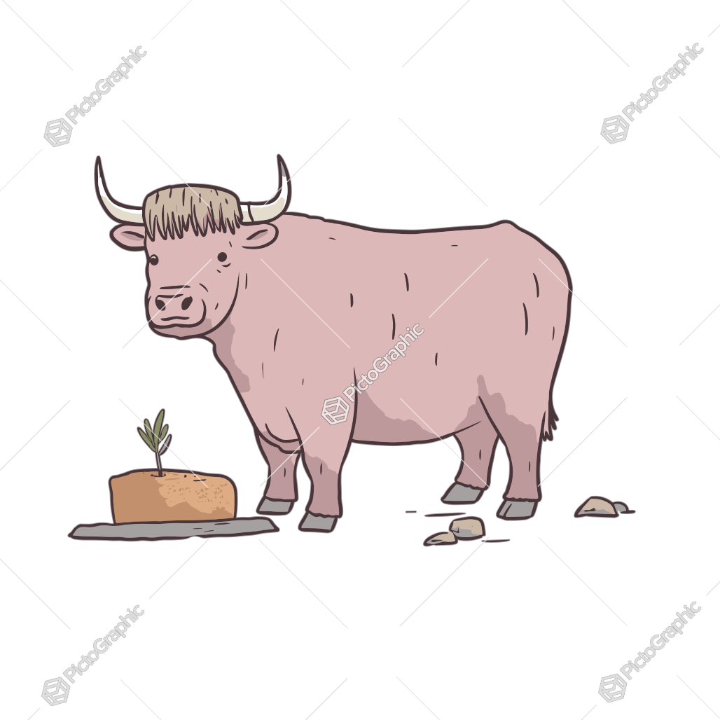 A cartoon cow standing next to a sprouting plant on a cake or block.