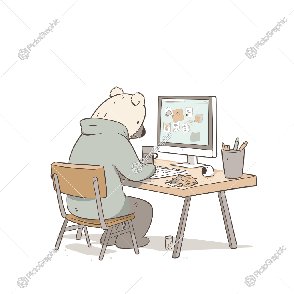 An animated bear is working on a computer at a desk with various work-related items.