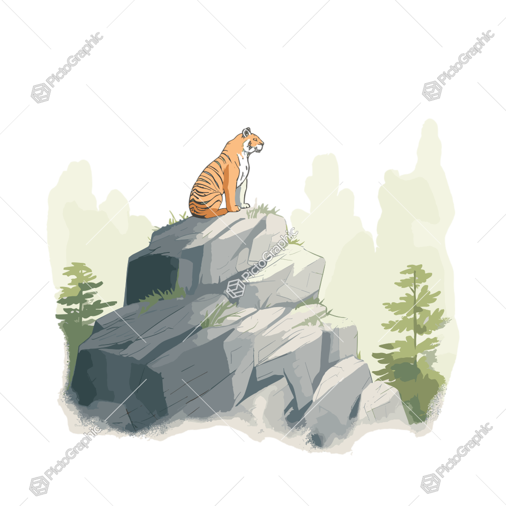 A tiger sits atop a cliff in a misty, natural environment.