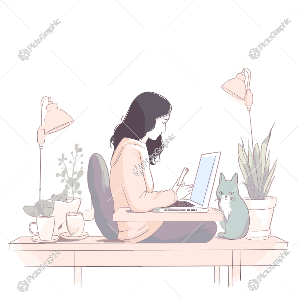 A woman is working on her laptop at a desk accompanied by her cat.