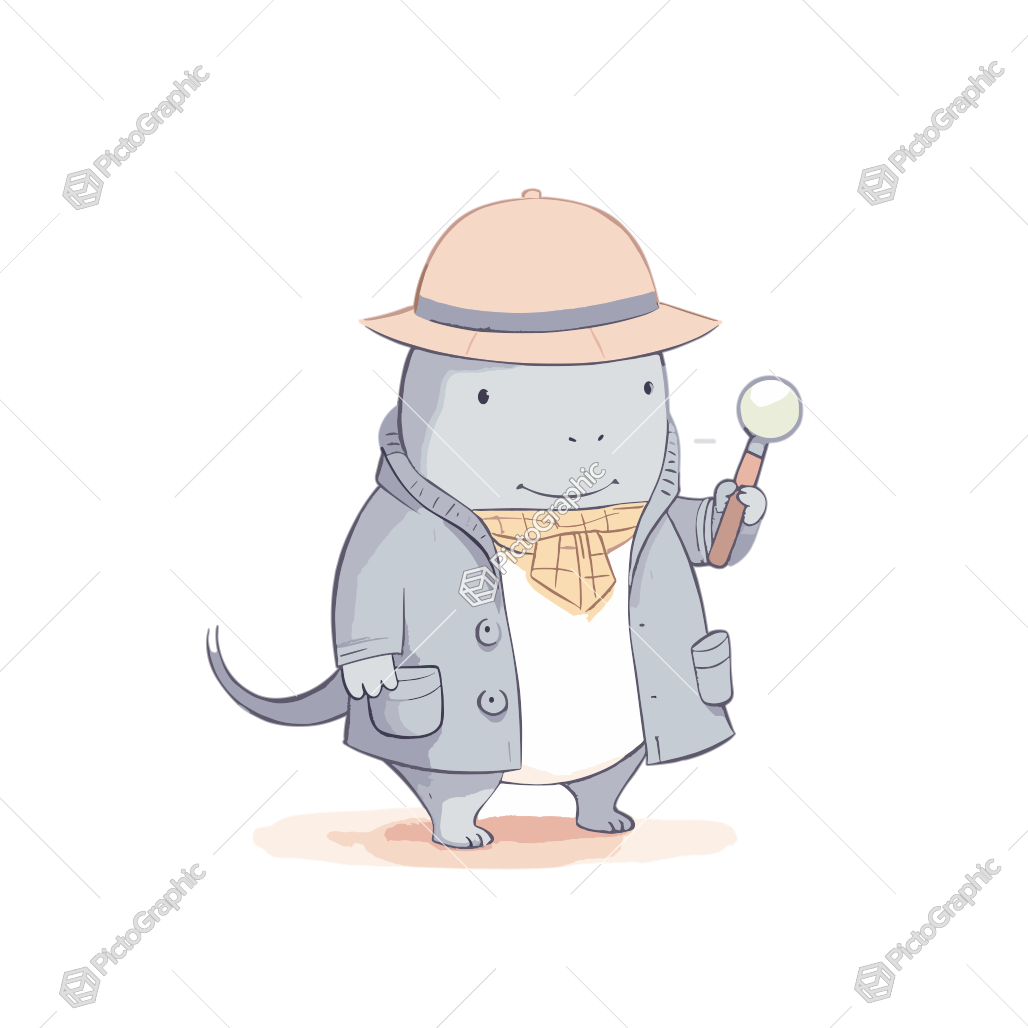 A cartoon animal detective wearing a hat and trench coat, holding a magnifying glass.