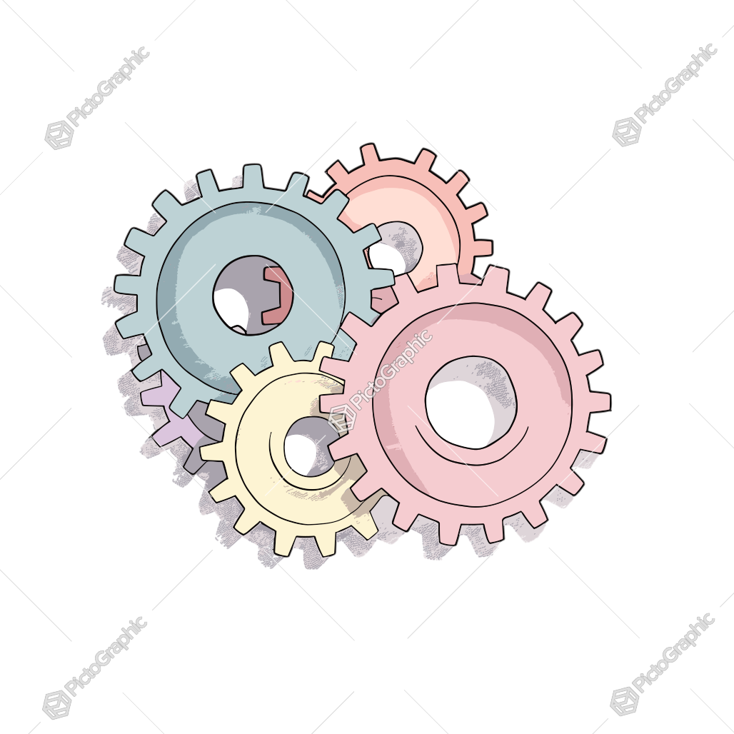 Illustration of three pastel-colored interconnected gears.