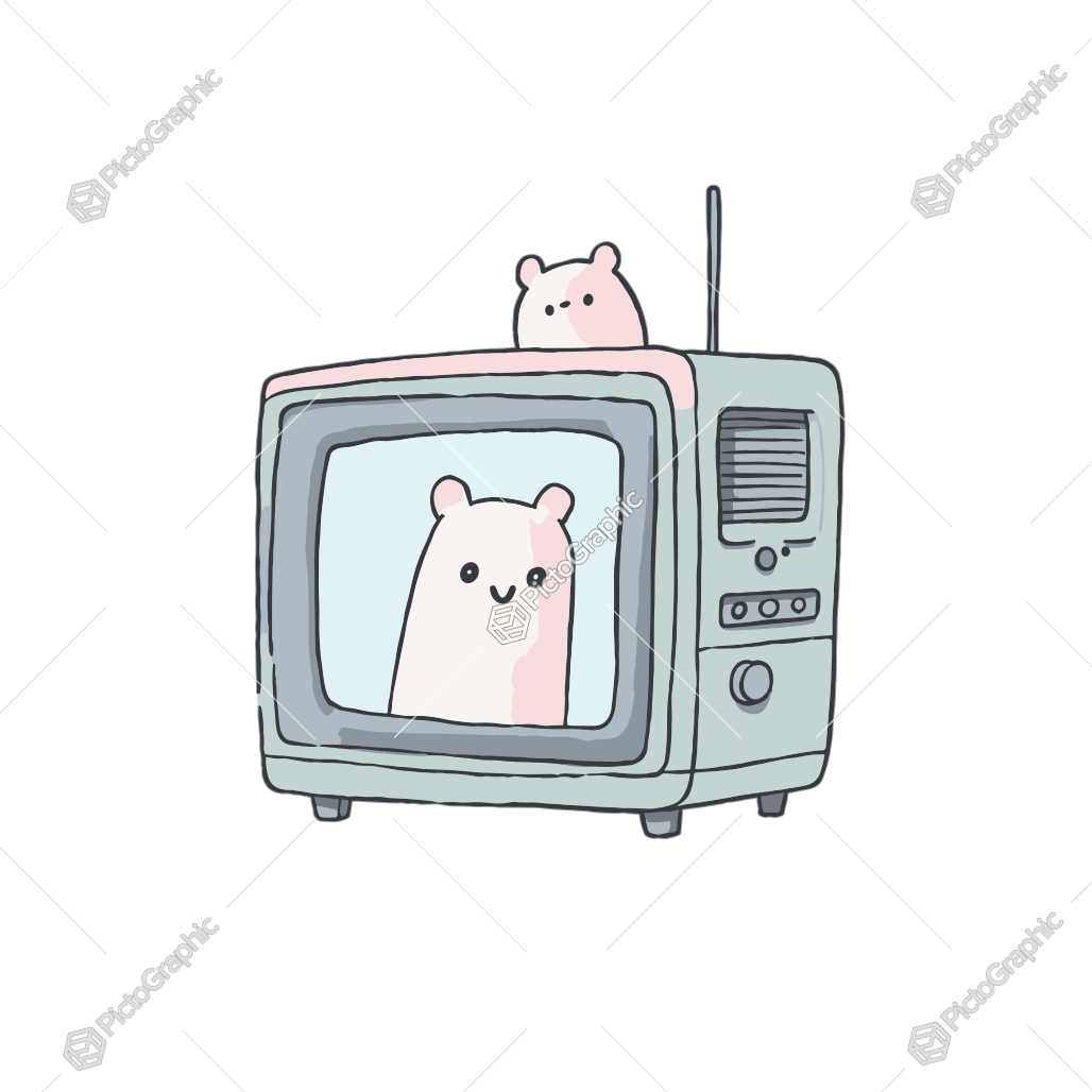 The image is a cute illustration of a vintage television displaying and topped by a cartoon bear character.