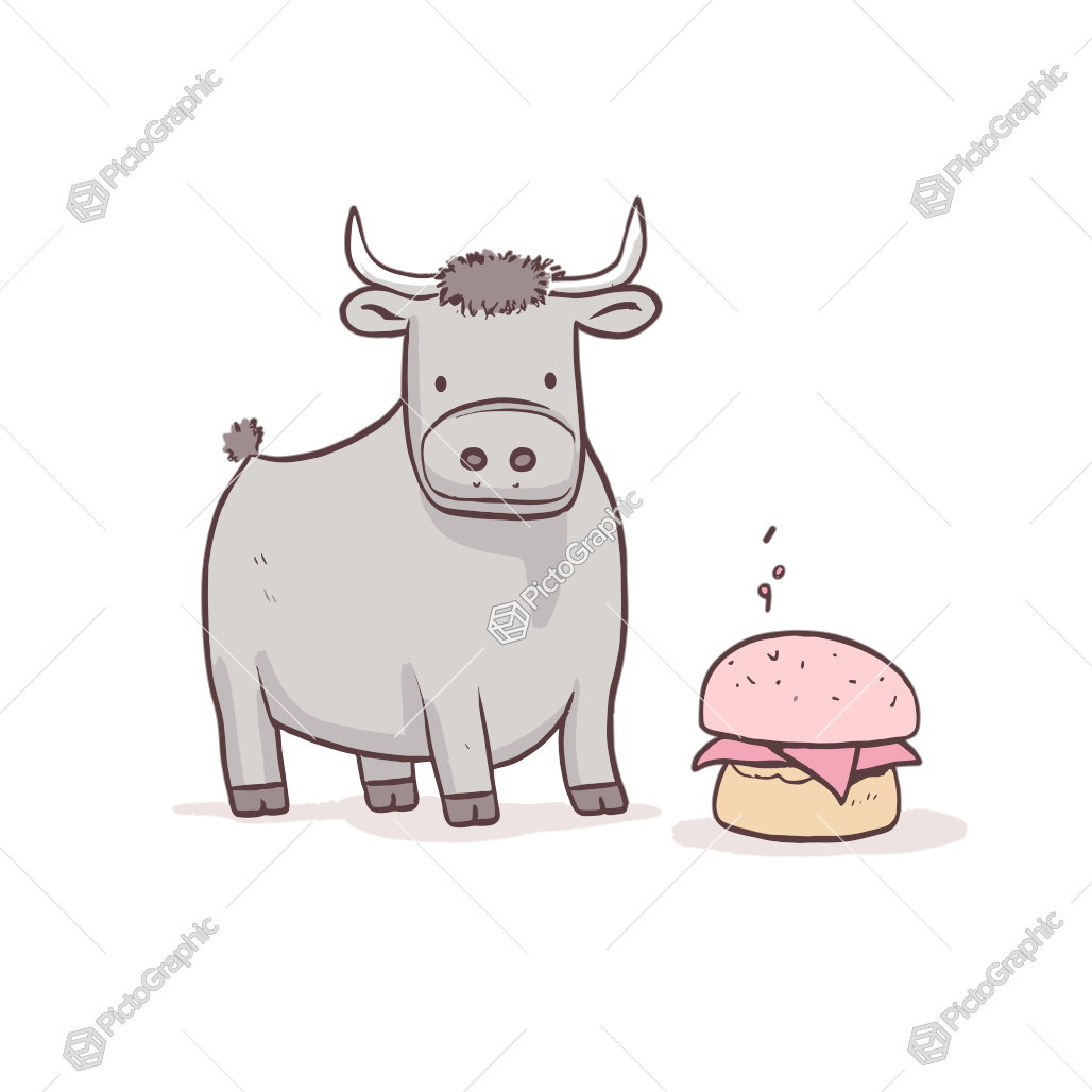 A cartoon cow looking at a hamburger with little hearts above it.