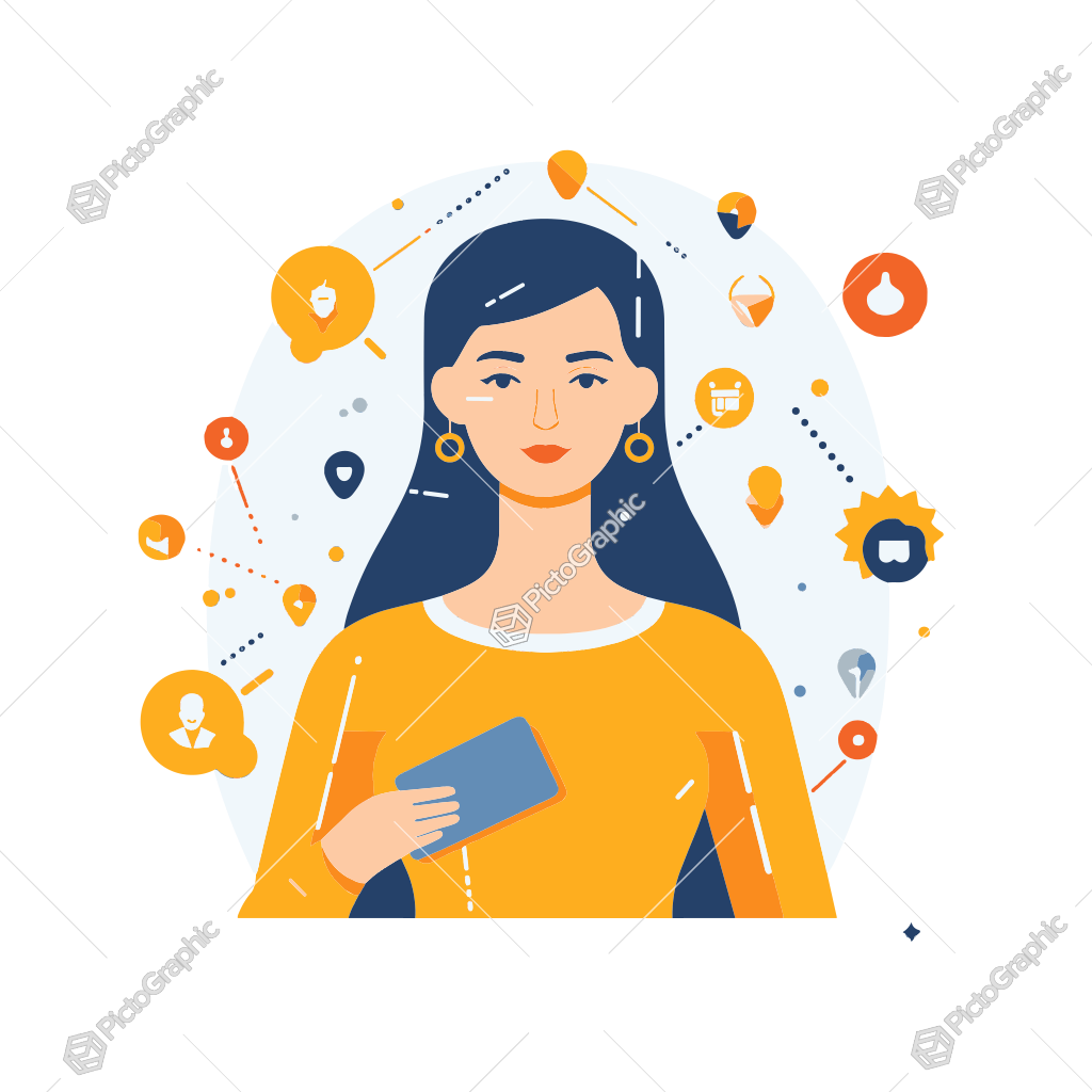 The image is an illustration of a woman with a smartphone surrounded by various productivity and technology-related icons.