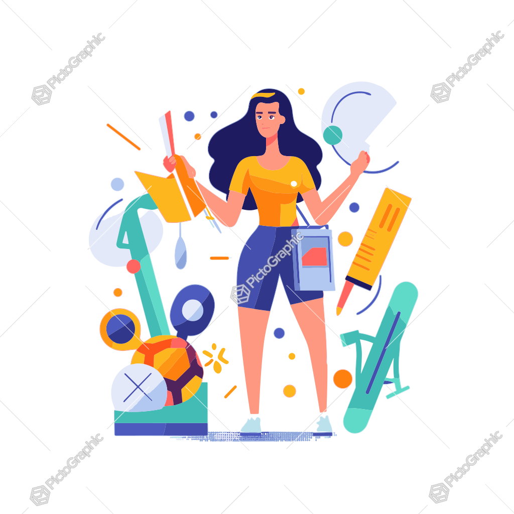 A colorful illustration of a woman surrounded by creative and scientific elements.