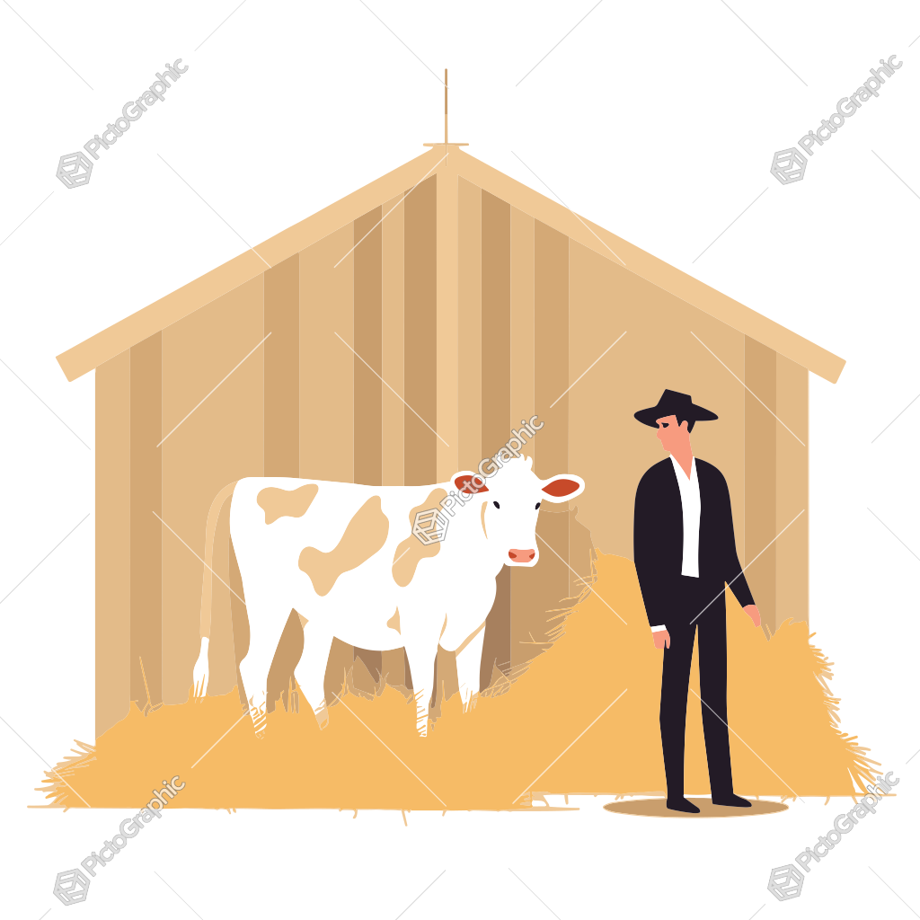 A man in a suit and a cow inside a barn.